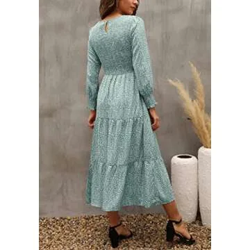 Maggeer Long Sleeve Dress for Women Fall Smocked Tiered Flowy Floral Midi Dress Light Green (no Pockets) XXL