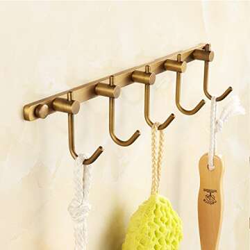 AUSWIND Antique Brass Brushed Bronze Coat Hooks Wall Mount Towel Rack Hooks Line Hooks with 5 Hangers Bathroom Accessories