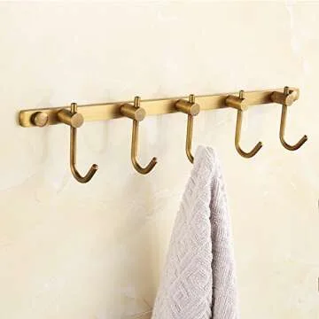 AUSWIND Antique Brass Brushed Bronze Coat Hooks Wall Mount Towel Rack Hooks Line Hooks with 5 Hangers Bathroom Accessories