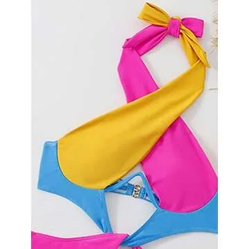 WDIRARA Women's Cut Out Criss Cross Colorblock Underwire Halter One Piece Swimsuit Multicolor S