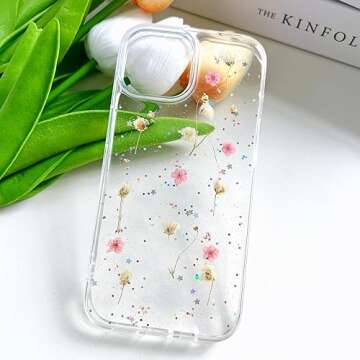 LSEEKA for iPhone 15 / iPhone 14/ iPhone 13 Clear Case with Pressed Real Flowers Design,Glitter Cute...