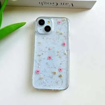 LSEEKA for iPhone 15 / iPhone 14/ iPhone 13 Clear Case with Pressed Real Flowers Design,Glitter Cute Pink Floral Pattern Soft TPU Protective Women Girl's Phone Cover for iPhone 13/14/15