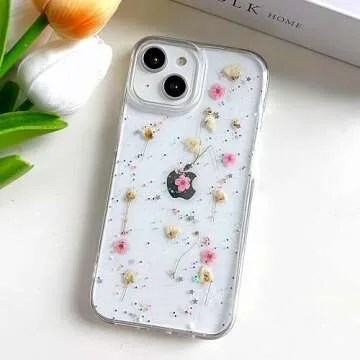 LSEEKA for iPhone 15 / iPhone 14/ iPhone 13 Clear Case with Pressed Real Flowers Design,Glitter Cute Pink Floral Pattern Soft TPU Protective Women Girl's Phone Cover for iPhone 13/14/15