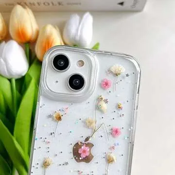 LSEEKA for iPhone 15 / iPhone 14/ iPhone 13 Clear Case with Pressed Real Flowers Design,Glitter Cute Pink Floral Pattern Soft TPU Protective Women Girl's Phone Cover for iPhone 13/14/15