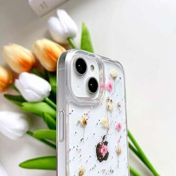 LSEEKA for iPhone 15 / iPhone 14/ iPhone 13 Clear Case with Pressed Real Flowers Design,Glitter Cute Pink Floral Pattern Soft TPU Protective Women Girl's Phone Cover for iPhone 13/14/15