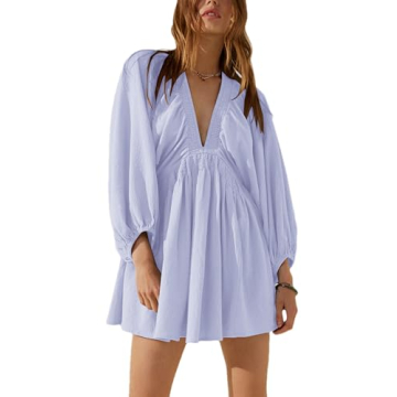 Tiko Miko Women's Sexy Long Sleeve V Neck Tunic Dress - Casual Loose Mini Swing
