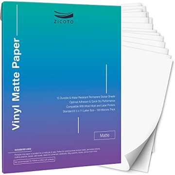 Premium Printable Vinyl Sticker Paper for Your Inkjet and Laser Printer – 15 Matte White Waterproof Decal Paper Sheets - Dries Quickly and Holds Ink Beautifully - Accessories Set for Cricut