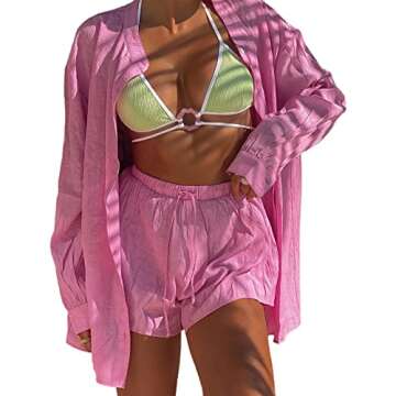 RUEWEY Women 2 Piece Tracksuit Casual Outfits Button Down Shirt Cardigan Tops + Elastic Waist Lounge Shorts Set (M, Pink)