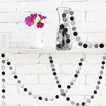 Boao 2 Pcs Wool Felt Garland Ball Garland 6.5 Ft 24 Balls Felt Ball Garland Winter Pompom Garlands for Wall Classroom Home Party Decor Photo Prop(Black, Gray, White)