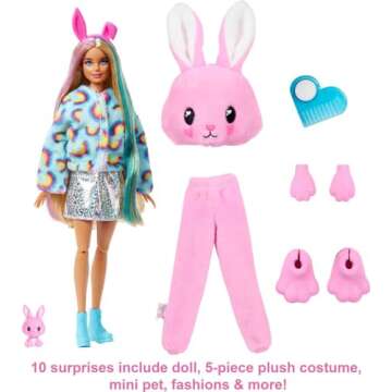 Barbie Cutie Reveal Fashion Doll with Bunny Plush Costume & 10 Surprises Including Mini Pet & Color Change