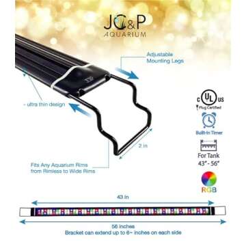 JC&P Full Spectrum Aquarium LED Light with Extendable Brackets (46”-54” (116-137 cm) with Red, Green, Blue and White LEDs Aquatic Fish Tank Light