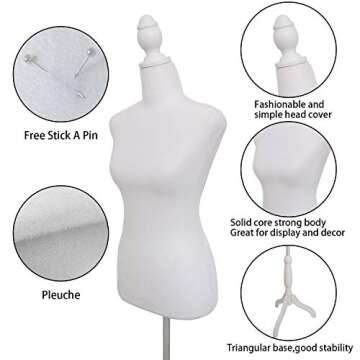 Female Mannequin Torso Dress Form Manikin Body Sewing Mannequins w/ Wooden Tripod Base Stand 58"-67" Adjustable Height