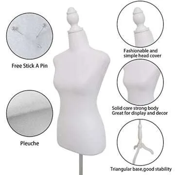 Female Mannequin Torso Dress Form Manikin Body Sewing Mannequins w/ Wooden Tripod Base Stand 58"-67" Adjustable Height