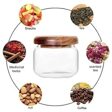 SAIOOL Kitchen Canisters Set of 6-8.5oz Glass Spice Jars With Acacia Airtight Lid and Labels Round Spice Bottles for kitchen Seasoning Baby Food Kids Snacks Meal Prep Containers Candle