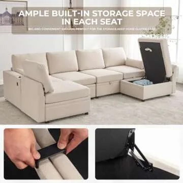 HJco Modular Sectional Sofa with Ottomans, Convertible U Shaped Sofa Couch with Storage, USB Port & Cup Holders, Beige Memory Foam 6 Seats Sofa Couch with Reversible Chaise for Home, Living Room