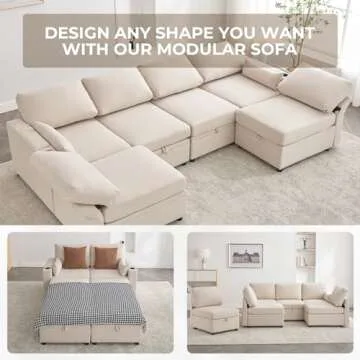 HJco Modular Sectional Sofa with Ottomans, Convertible U Shaped Sofa Couch with Storage, USB Port & Cup Holders, Beige Memory Foam 6 Seats Sofa Couch with Reversible Chaise for Home, Living Room