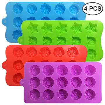 4 PACK Flower Shape Chocolate Candy Molds Set,DanziX Silicone 15 Cavity Baking Mold Ice Cube Tray fo...