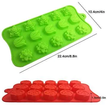 4 PACK Flower Shape Chocolate Candy Molds Set,DanziX Silicone 15 Cavity Baking Mold Ice Cube Tray for Wedding,Festival,Parties and DIY Crafts-Green,Blue,Red and Purple