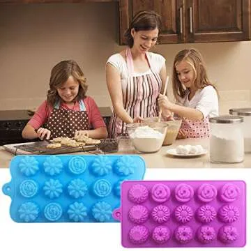 4 PACK Flower Shape Chocolate Candy Molds Set,DanziX Silicone 15 Cavity Baking Mold Ice Cube Tray for Wedding,Festival,Parties and DIY Crafts-Green,Blue,Red and Purple