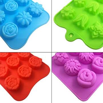 4 PACK Flower Shape Chocolate Candy Molds Set,DanziX Silicone 15 Cavity Baking Mold Ice Cube Tray for Wedding,Festival,Parties and DIY Crafts-Green,Blue,Red and Purple