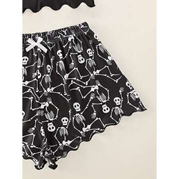 WDIRARA Women's Sleepwear Skull Print Strap Pajama Set Cami and Shorts Black Bow L