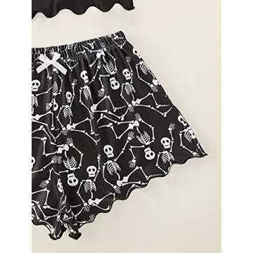 WDIRARA Women's Sleepwear Skull Print Strap Pajama Set Cami and Shorts Black Bow L