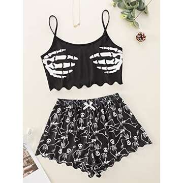 WDIRARA Women's Sleepwear Skull Print Strap Pajama Set Cami and Shorts Black Bow L