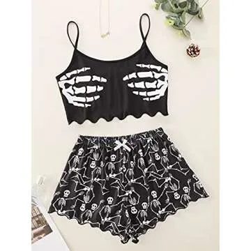 WDIRARA Women's Sleepwear Skull Print Strap Pajama Set Cami and Shorts Black Bow L