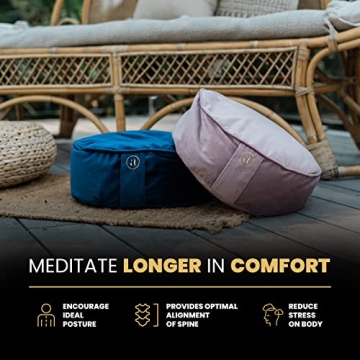 Buckwheat Meditation Cushion Round Zafu Yoga Pillow - Zafu Meditation Cushion Velvet with Zippered Organic Cotton Liner to Add or Remove Hulls | Machine Washable - Free Carry Bag (Rose Quartz)