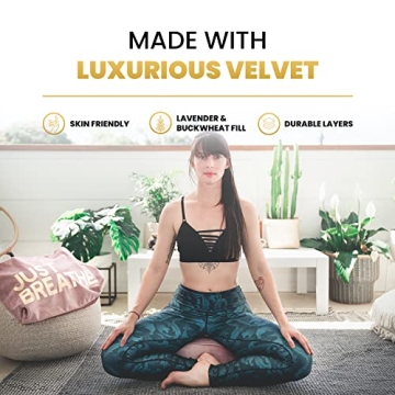 Buckwheat Meditation Cushion Round Zafu Yoga Pillow - Zafu Meditation Cushion Velvet with Zippered Organic Cotton Liner to Add or Remove Hulls | Machine Washable - Free Carry Bag (Rose Quartz)