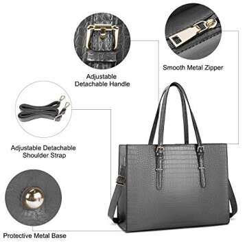 Laptop Bag for Women 15.6 Inch Laptop Tote Bag Leather Classy Computer Briefcase for Work Waterproof Handbag Professional Shoulder Bag Women Business Office Bag Large Capacity Grey