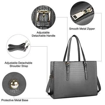 Laptop Bag for Women 15.6 Inch Laptop Tote Bag Leather Classy Computer Briefcase for Work Waterproof Handbag Professional Shoulder Bag Women Business Office Bag Large Capacity Grey