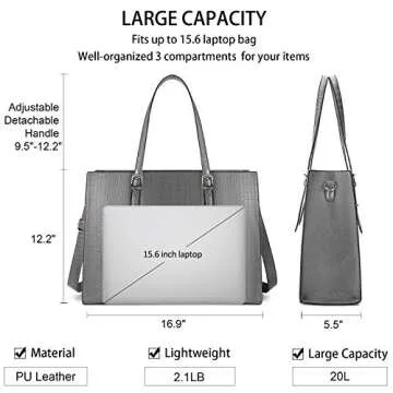 Laptop Bag for Women 15.6 Inch Laptop Tote Bag Leather Classy Computer Briefcase for Work Waterproof Handbag Professional Shoulder Bag Women Business Office Bag Large Capacity Grey