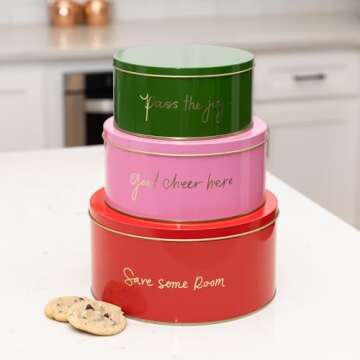 Kate Spade New York Decorative Tins with Lids, 3 Piece Nesting Tins, Small Medium & Large Metal Cookie Tins, Christmas Cookie Containers, Tins for Gift Giving and Storage, Save Some Room