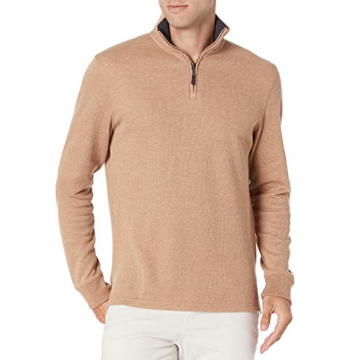 Amazon Essentials Men's Quarter-Zip French Rib Sweater – Camel Heather, Large