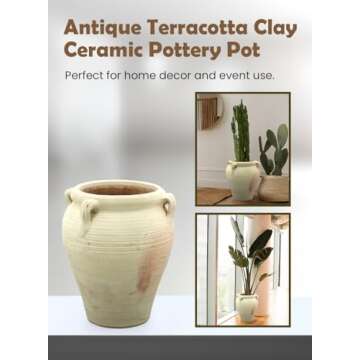 Serene Spaces Living, 16-inch Antique Terracotta Clay Ceramic Pottery Pot, Tall Decorative Vintage Clay Jar Pot for Plants, Home Decor, and Events