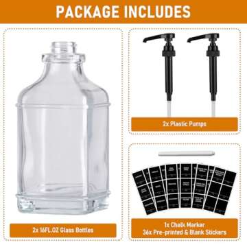 Alotpower Coffee Syrup Dispenser 16oz 2pack, Clear Syrup Dispenser with 1/4oz Capacity Pump,Syrup Dispenser for Coffee Bar-2 Glass Square Bottles with Plastic Pump and Syrup Labels