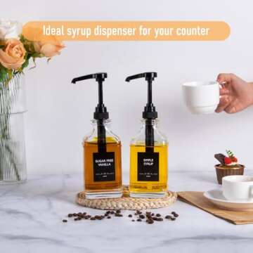 Alotpower Coffee Syrup Dispenser 16oz 2pack, Clear Syrup Dispenser with 1/4oz Capacity Pump,Syrup Dispenser for Coffee Bar-2 Glass Square Bottles with Plastic Pump and Syrup Labels