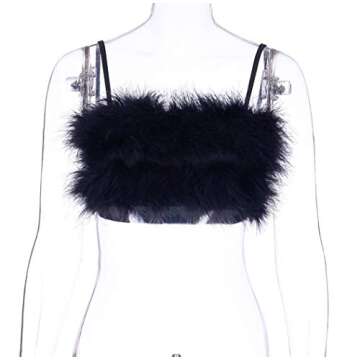Women Rave Festival Feather Crop Tops Faux Fur Spaghetti Straps Tube Top for Concert Club Party Blac...