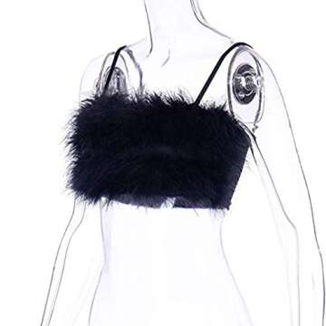 Women Rave Festival Feather Crop Tops Faux Fur Spaghetti Straps Tube Top for Concert Club Party Black