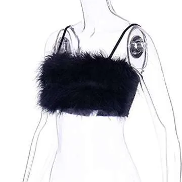 Women Rave Festival Feather Crop Tops Faux Fur Spaghetti Straps Tube Top for Concert Club Party Black