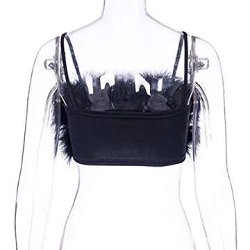 Women Rave Festival Feather Crop Tops Faux Fur Spaghetti Straps Tube Top for Concert Club Party Black