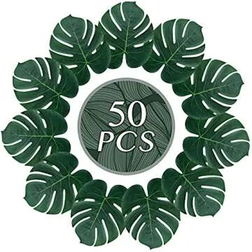 ATFL Artificial Palm Leaves,50 Pcs Big Leaf Placemat, Green Palm Leaves Party Decorations,Tropical T...