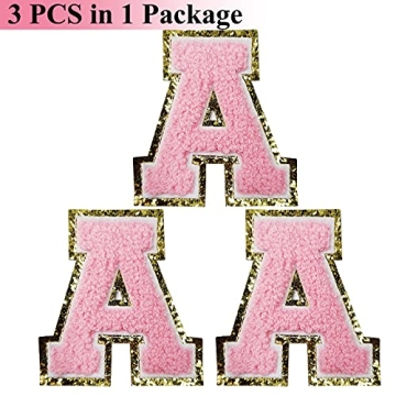 Zogify Iron on Letter Patches with Gold Glitters & Pink Chenille