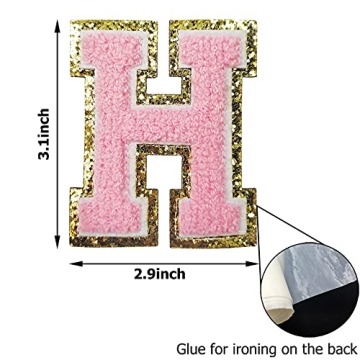 Zogify Iron on Letter Patches with Gold Glitters & Pink Chenille