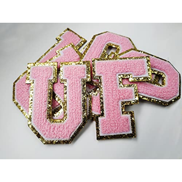 Zogify Iron on Letter Patches with Gold Glitters & Pink Chenille