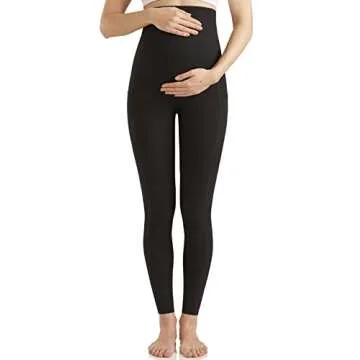 POSHDIVAH Women's Maternity Leggings Over The Belly Pregnancy Workout Active Stretchy Pants with Pockets Black Large