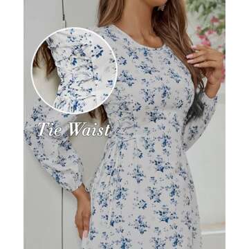 HTZMO Women's Puff Long Sleeve Floral Maxi Dress Tie Waist Flowy Swing 2025 Casual Summer Long Dresses White M