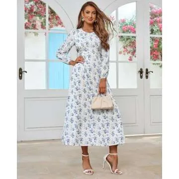 HTZMO Women's Puff Long Sleeve Floral Maxi Dress Tie Waist Flowy Swing 2025 Casual Summer Long Dresses White M