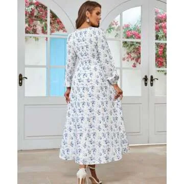 HTZMO Women's Puff Long Sleeve Floral Maxi Dress Tie Waist Flowy Swing 2025 Casual Summer Long Dresses White M
